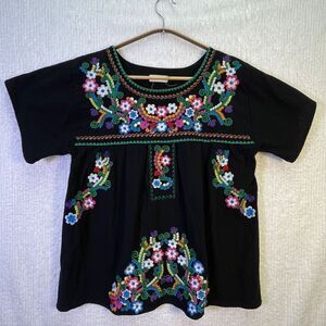 YZXDORWJ Black Embroidered Floral Boho Peasant Blouse Large